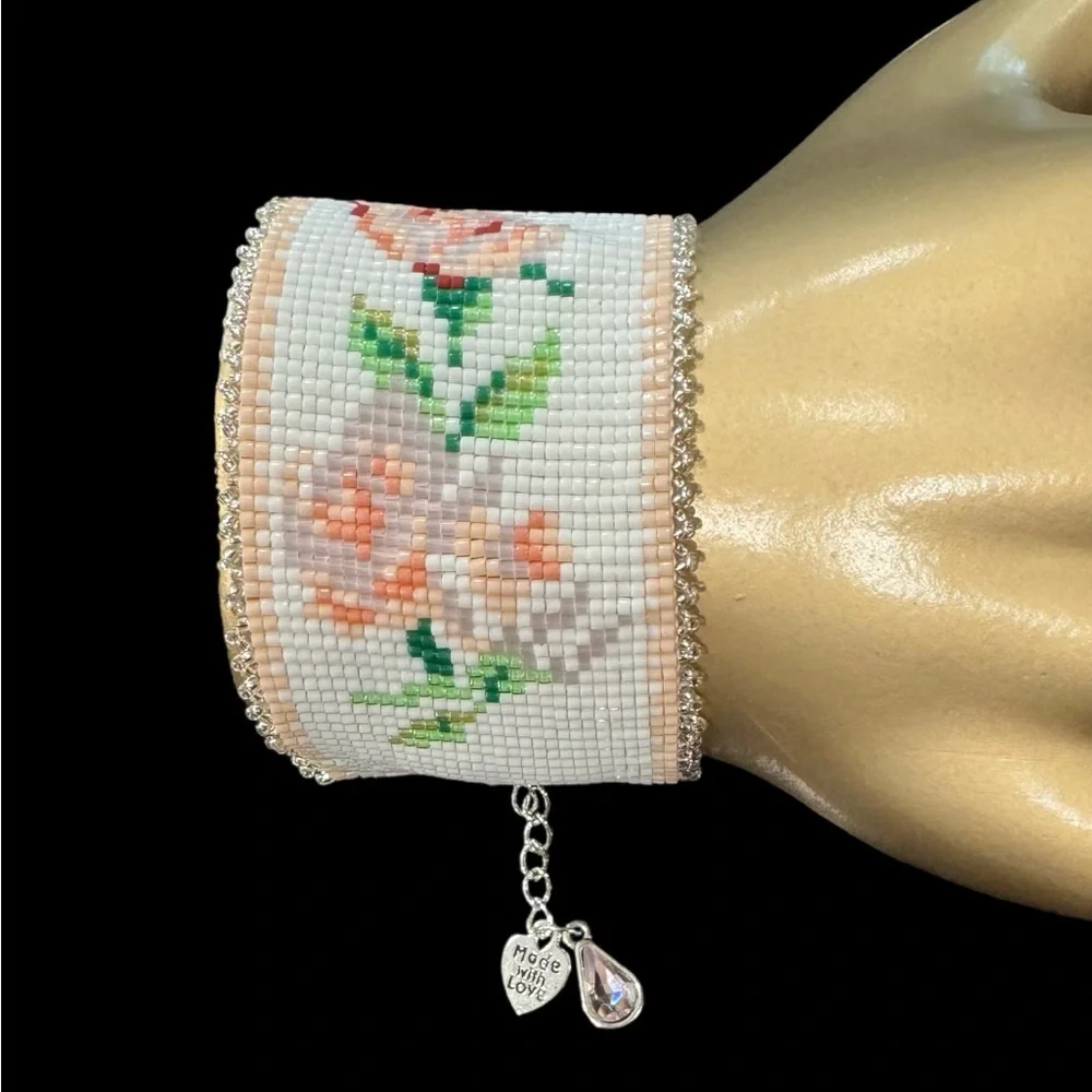 COPY - Handcrafted loom cuff bracelet roses on white w/silver beaded border adj…